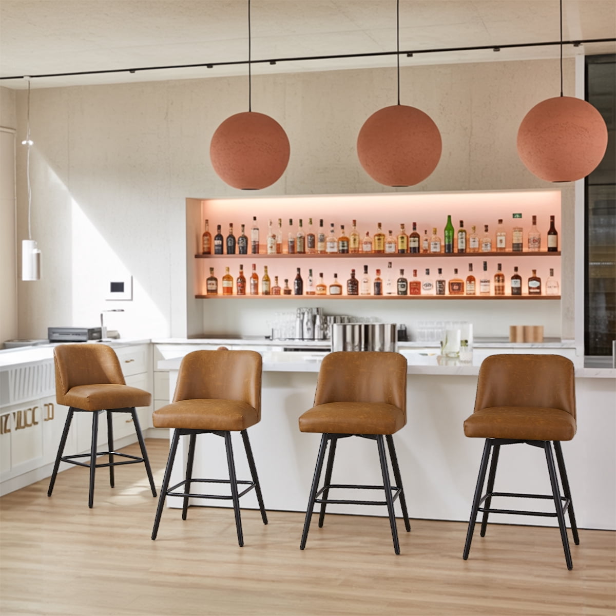 Modern Bar Stools Set of 4, 26" H Swivel Counter Height Barstools with High Backs, Kitchen Island Stools, For Bar & Home,Faux Leather, Brown