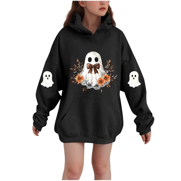 SERTG Children Halloween Printed Hooded Tops Long Sleeved Sweatshirt with Pockets Fleece Top Hooded Sweatshirt for Girls 3-14 Years(Black,11-12 Years)
