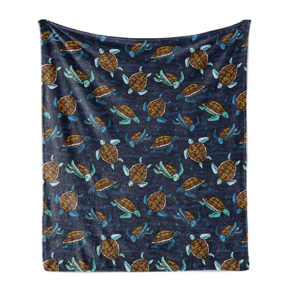 Under the Sea Soft Flannel Fleece Throw Blanket, Graphical Layout of Sea Turtles Cartoon Ocean Lifestyle, Cozy Plush for Indoor and Outdoor Use, 60" x 80", Multicolor, by Ambesonne