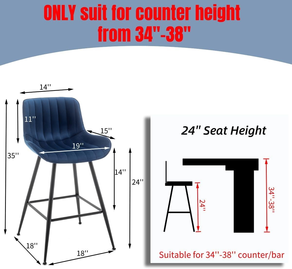 Bar Stools Set of 2 - Luxury Bar Stools Counter Height Barstool 24 Inch Seat Height Upholstered  Barstool Set of 2 Blue Counter Stools for Kitchen ,  Counter, Bar Pub (Blue).