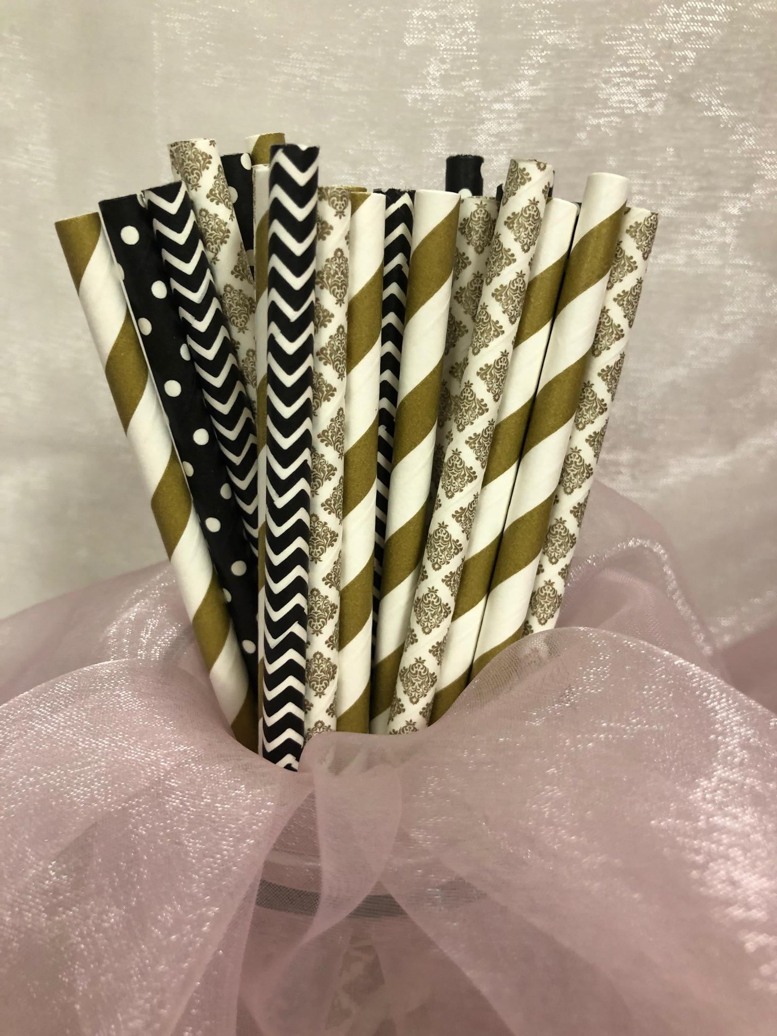 100 Counts CHARMED Black and Gold Vintage Theme Paper Straws Assortment for New Year, Wedding, or Birthday Party Supplies