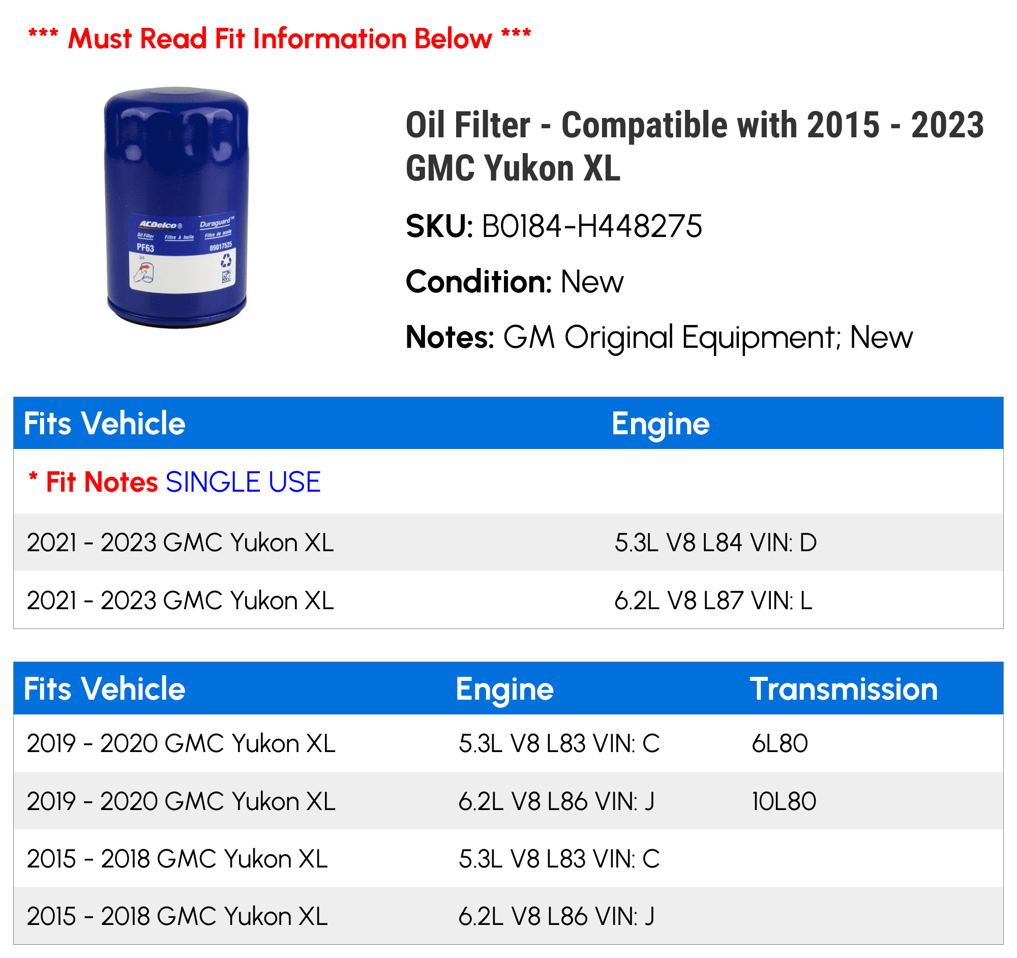 Oil Filter - Compatible with 2015 - 2023 GMC Yukon XL 2016 2017 2018 2019 2020 2021 2022
