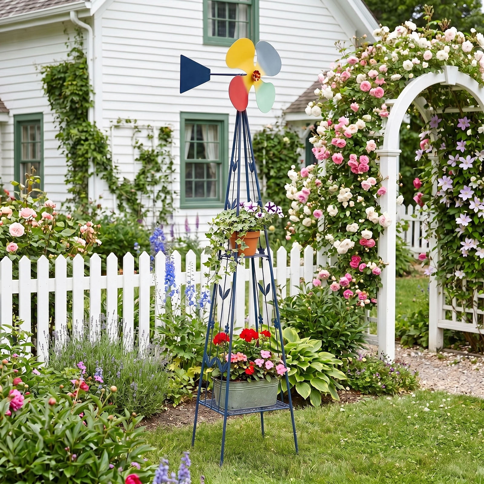 6.2ft 4-Blade Iron Windmill with 4-Leg Stand and Storage Shelf, Dark Blue