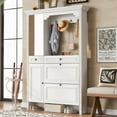 thumbnail image 3 of 54.7'' Hall Tree with Integrated Shoe Cabinet, 4-in-1 Design Coat Hanger with Mirrored Cabinet Door, Hall Tree with 4 Sturdy Hooks and Flip Drawers, for Entrance, Entryway, Living Room, White, 3 of 8