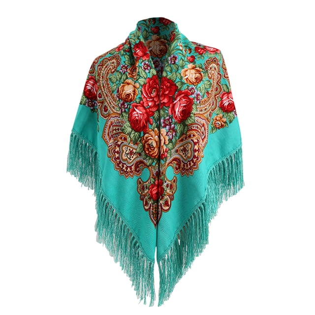 Russian Babushka Womens Scarf Shawl Wrap Oversized Traditional Retro Ukraine Style Printed Tassels Square Scarfs