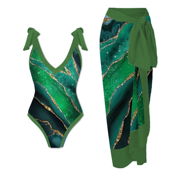 MKLEKYY Trajes De Baño Mujer Completo Women Vintage Abstract Floral Print 1 Piece Swimwear+1 Piece Cover Up Two Piece Vintage Print Swimsuit Monokini Bikini 2 Piece Swimsuits Two Piece Tankini Set