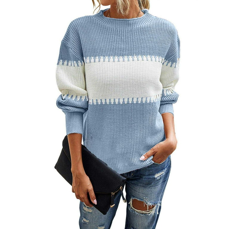 Mrat Striped Sweater Women Long Sleeves Sweater Cardigan Slouchy Sweaters for Ladies Round Neck Color Matching Sweater Loose Jumper Tops Knitted Sweater Light Blue L Walmart