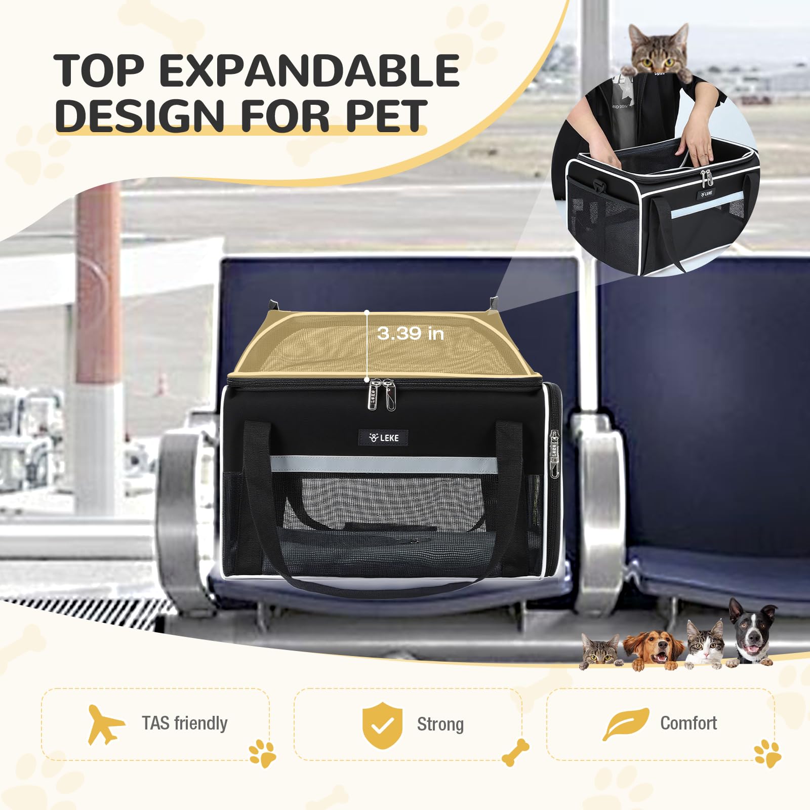Top-Expandable Pet Carrier 17x11x9.5 Inch Alaska Hawaiian Airline Approved Soft Sided Underseat to 12lbs Travel Carriers for Small Cats and Dogs with Locking Safety Zippers Anti-Scratch Mesh