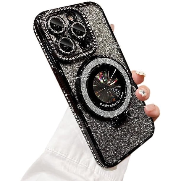 Funda para teléfono con purpurina brillante compatible con iPhone 12 Pro Max, protector de lente de cámara con soporte, funda suave con diamantes de imitación brillantes