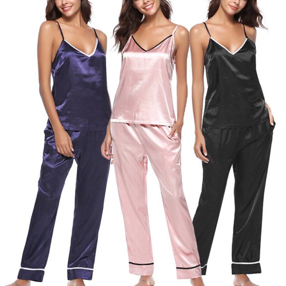 Women Lady Silk Satin Pajamas Set Pyjama Sleepwear Nightwear Homewear