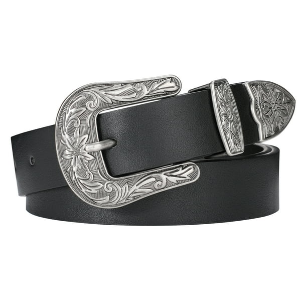 Whippy Women Western Leather Belt, Black Waist Belt for Jeans Pants