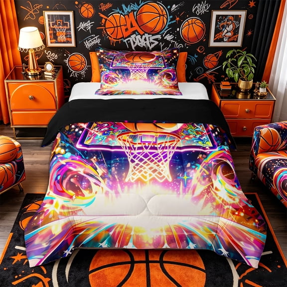 Castle Fairy Orange Basketball Print Twin Comforter Sets 2pcs, Sport Theme Graffiti Splash Bedding Set,Black Reversible,1 Comforter and 1 Pillowcase