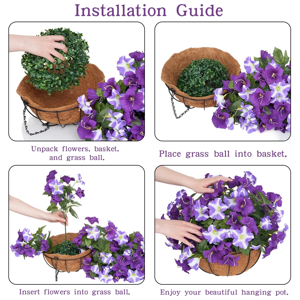 2 Sets Of Artificial Hanging Flower Baskets For Plant Outdoor Decoration, Simulated Silk Anti Uv Morning Glory Flowers, Suitable For Home Porch, Terrace, Garden, Courtyard