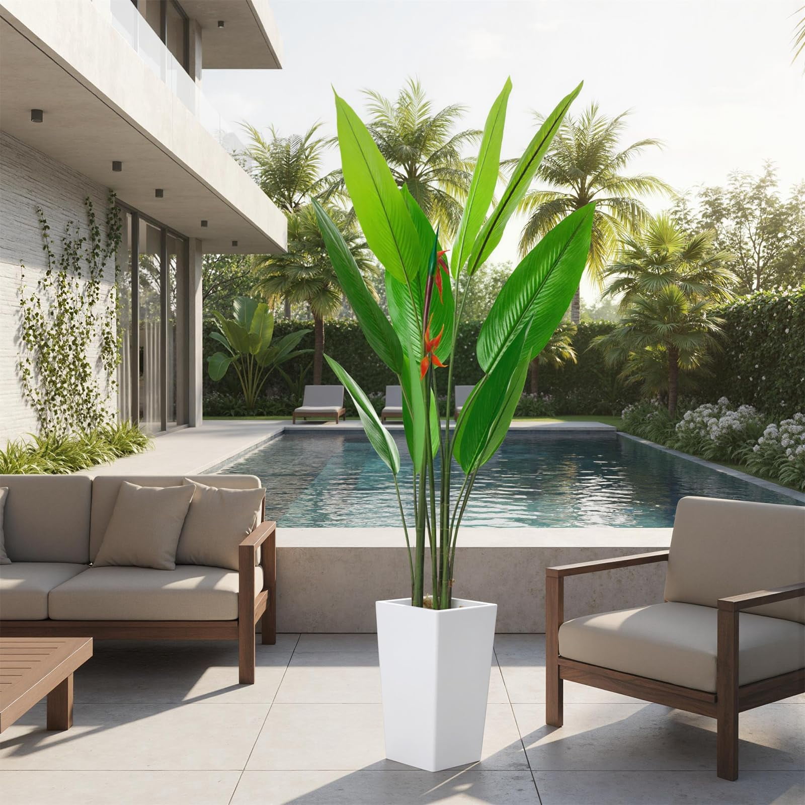 Accreate Faux Banana Tree Artificial Plant, Fake Potted Tropical Evergreen with Tall White Planter for Living Room, Entryway, Porch, or Office
