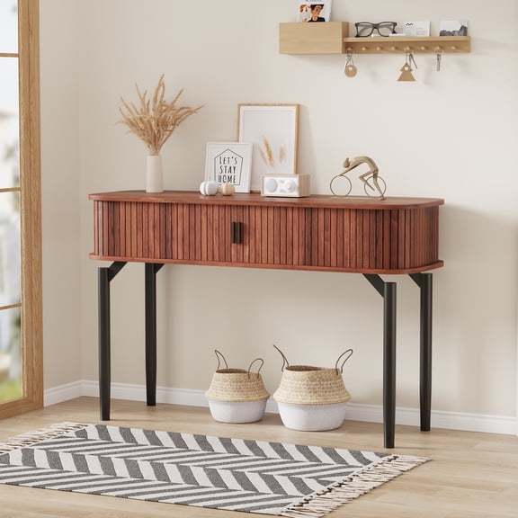 47" Fluted Narrow Console Table with Drawers & Shelves - Walnut Sofa & Entryway Table for Living Room, Hallway or Behind Couch