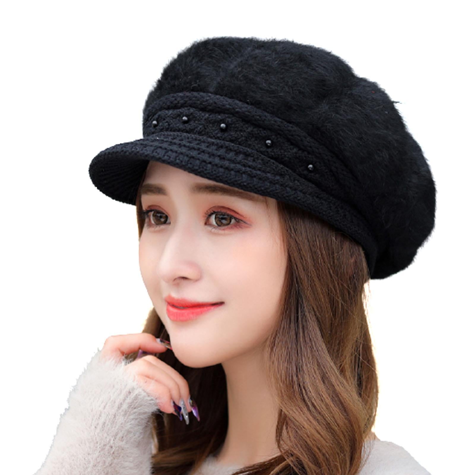 Womens Slouchy Winter Knit Beanie Hats Chunky Hat Bobble Hat Ski Cap Black
