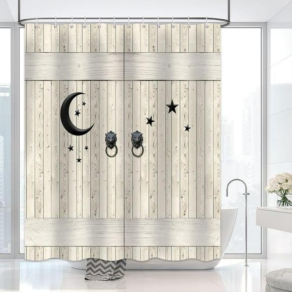 Farmhouse Wooden Barn Door Shower Curtain for Bathroom Moon and Star Rustic Garage Cabin Door Modern Vintage Country Bathroon Decor with 12 Hooks 72x72 inches