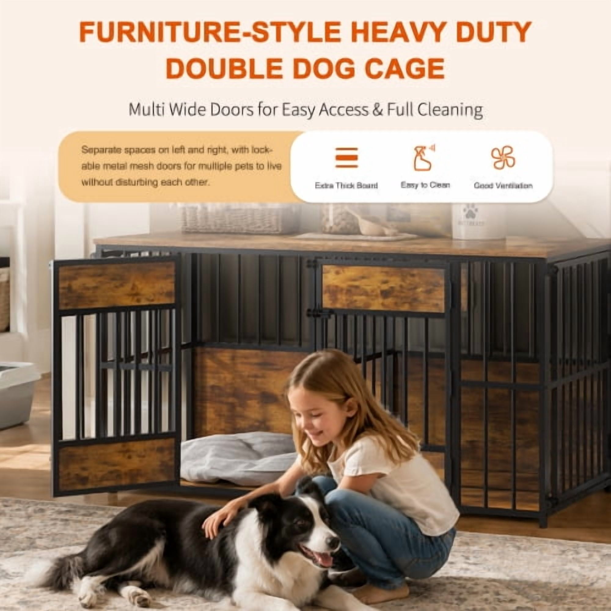 47.2" Large Wooden Dog Crate Furniture with Storage Top – Modern Indoor Dog Kennel Cage, Sturdy Wood & Metal Pet House with Breathable Open Design for Living Room & Bedroom