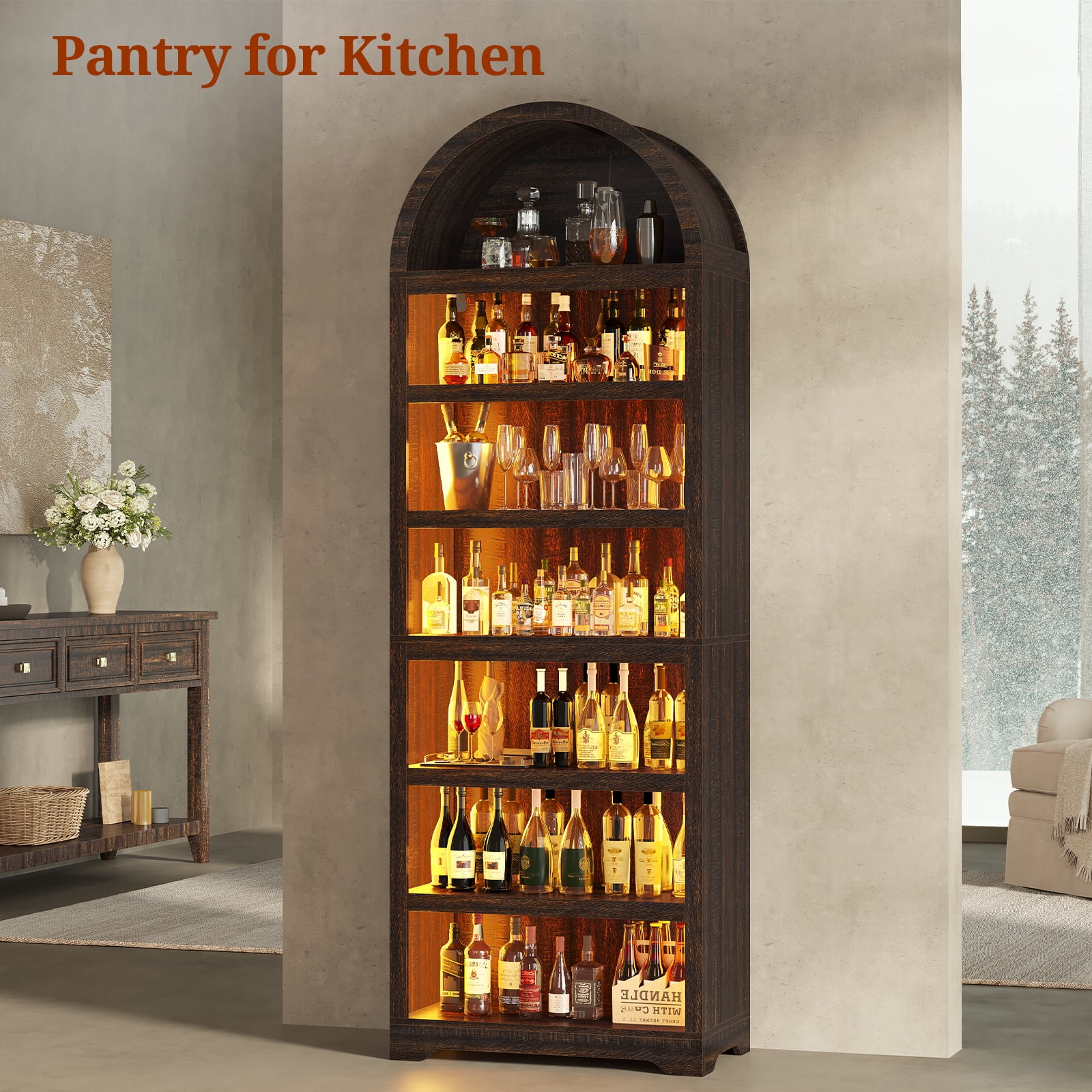79.4" Tall Arched Cabinet, Modern 7-Tier Bookshelf with RGB Light and Adjustable Shelf for Living Room, Kitchen, Home Office, Brown