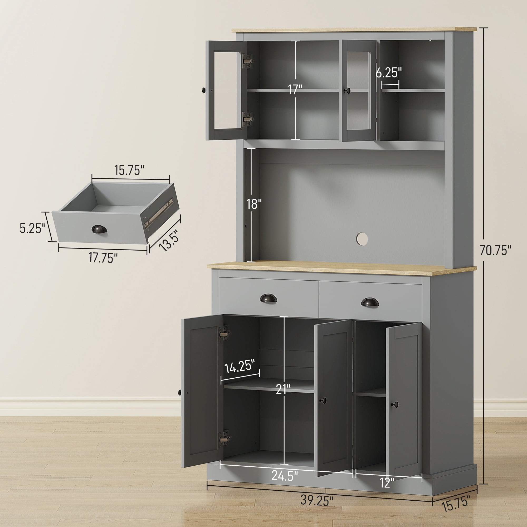 HOMCOM Kitchen Cabinet with Microwave Stand, 71" Pantry Cabinet, Gray