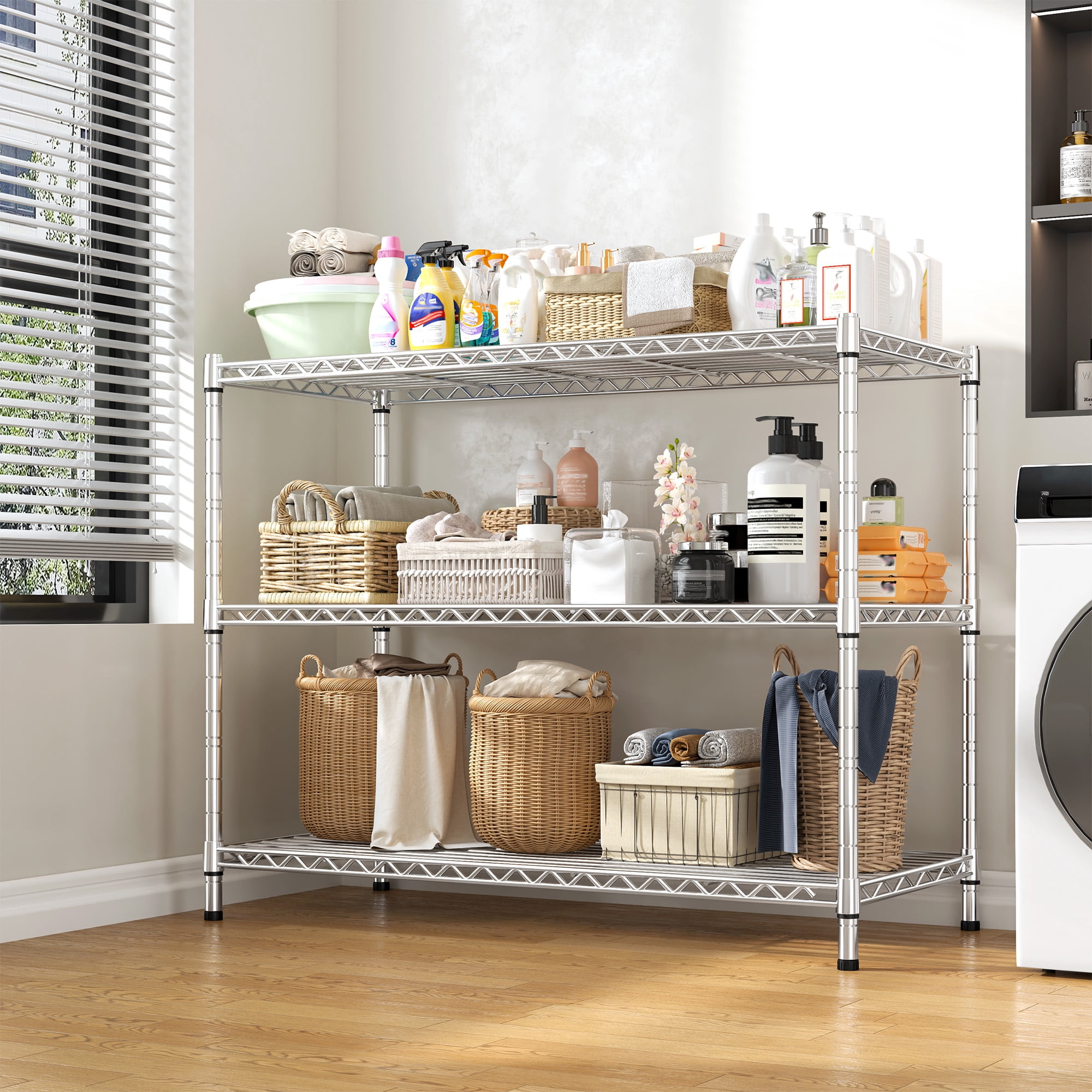 REIBII 35.5"W Wire Shelving Unit,3-Tier Heavy Duty Metal Storage Rack,Adjustable Shelf Organizer for Kitchen,Pantry,Silver