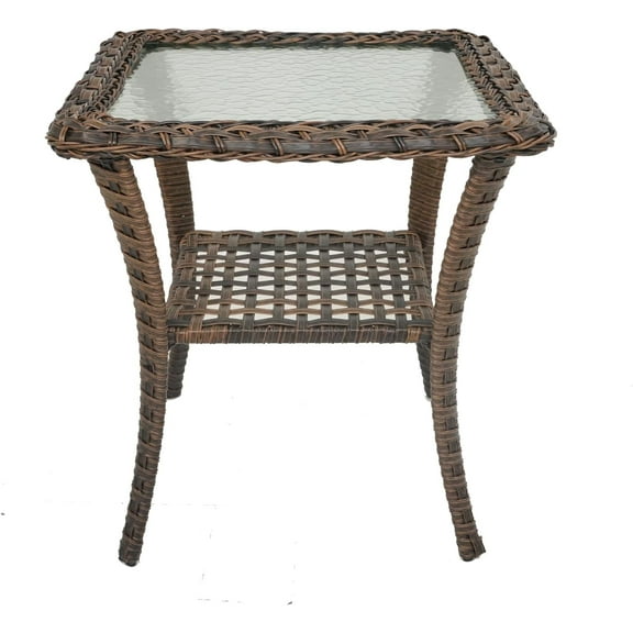 HUMMUH Patio Side Table Outdoor PE Wicker,Rattan End Table Glass Top Coffee Table with Storage Brown
