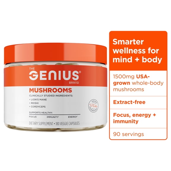 Genius Mushroom Supplement - Full-Spectrum Lion’s Mane, Cordyceps, Reishi -Daily Brain Nootropic for Energy, Focus, Memory & Overall Wellness - 180 Capsules