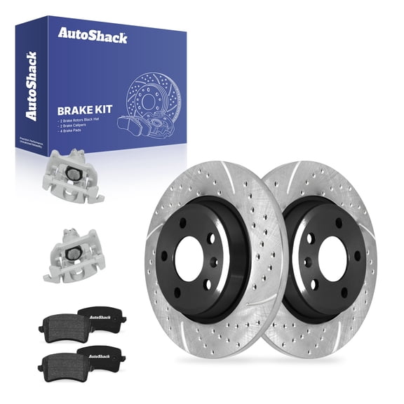 AutoShack Rear Solid Drilled & Slotted E-Coated Brake Rotors   Ceramic Pads   Calipers 8-PC Brake Kit Replacement for 2016 Audi Q5 2013-2014 Audi A4 allroad ShadowGuard 11.81" (299.9 mm)