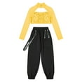 thumbnail image 3 of YONGHS Girls Dancewear Outfits Mesh Spliced Long Sleeve Sequin Crop Top with Jogger Pants Set Gold 6, 3 of 7