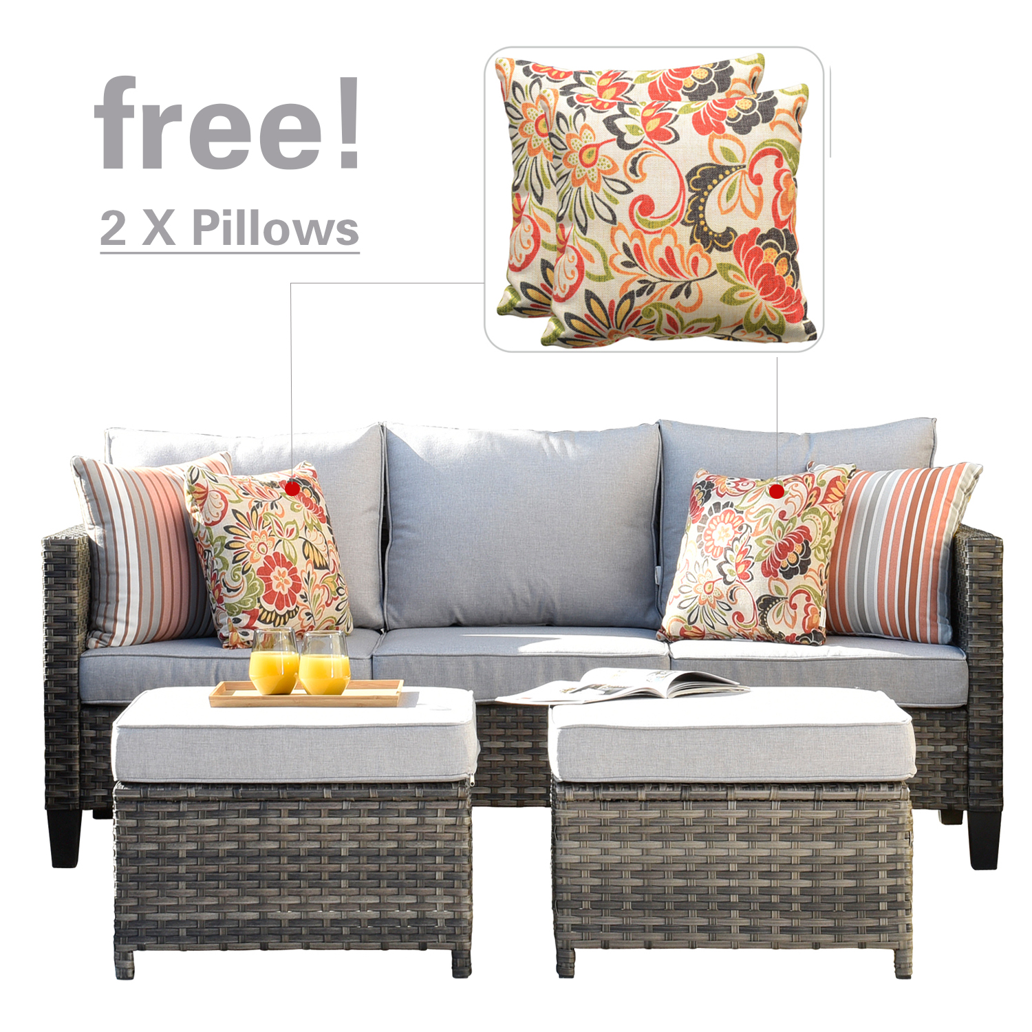 Ovios 3-Piece Outdoor Furniture Set All-Weather Wicker Patio Sofa with Cushions for Conversations