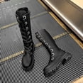 thumbnail image 4 of Shrysg Women's Knee High Lace Up Boots Platform Chunky Heel Round Toe Combat Boots Casual Side Zipper Goth Boots Black, 4 of 9