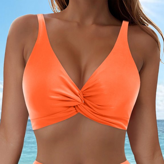 Womens Bikini Tops Adjustable Wide Straps Swimsuits Twist Front V Neck Bikini Top Bathing Suit Tops Only(Orange,S)