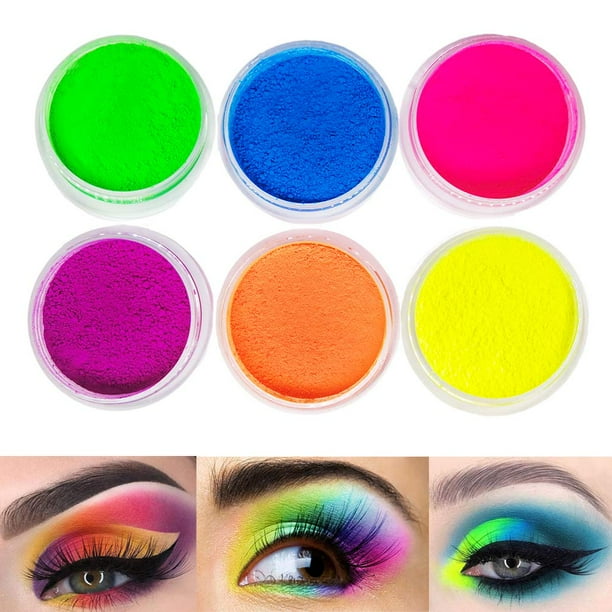 FindinBeauty Polvo de sombra de ojos con pigmento de neón, brillo reactivo UV en la luz negra, 6 colores verdaderos brillantes mezclados para cuerpo/sombra de ojos, fiesta de carn , maquillaje de Hall