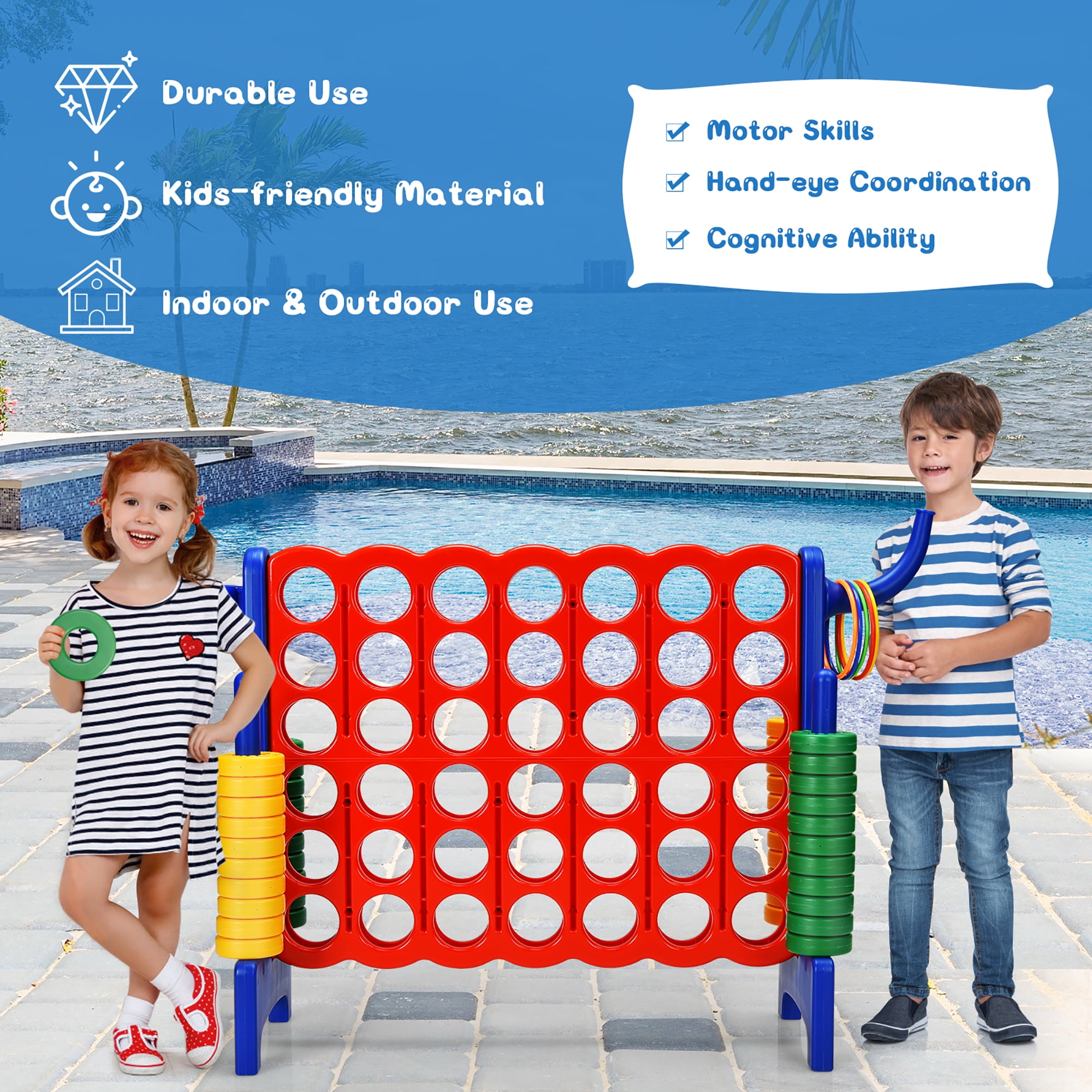Costway 4-in-A Row Giant Game Set w/Basketball Hoop for Family Blue