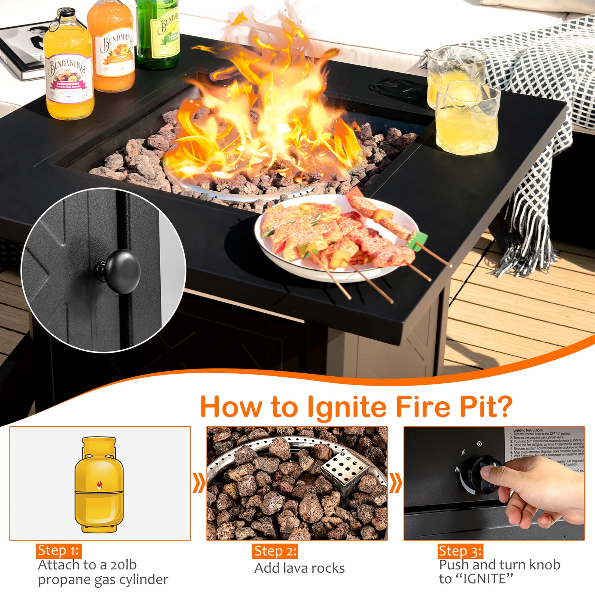 Costway 28''  Propane Fire Pit Table 50,000 BTU Patio Square Gas Fireplace W/Lava Rock