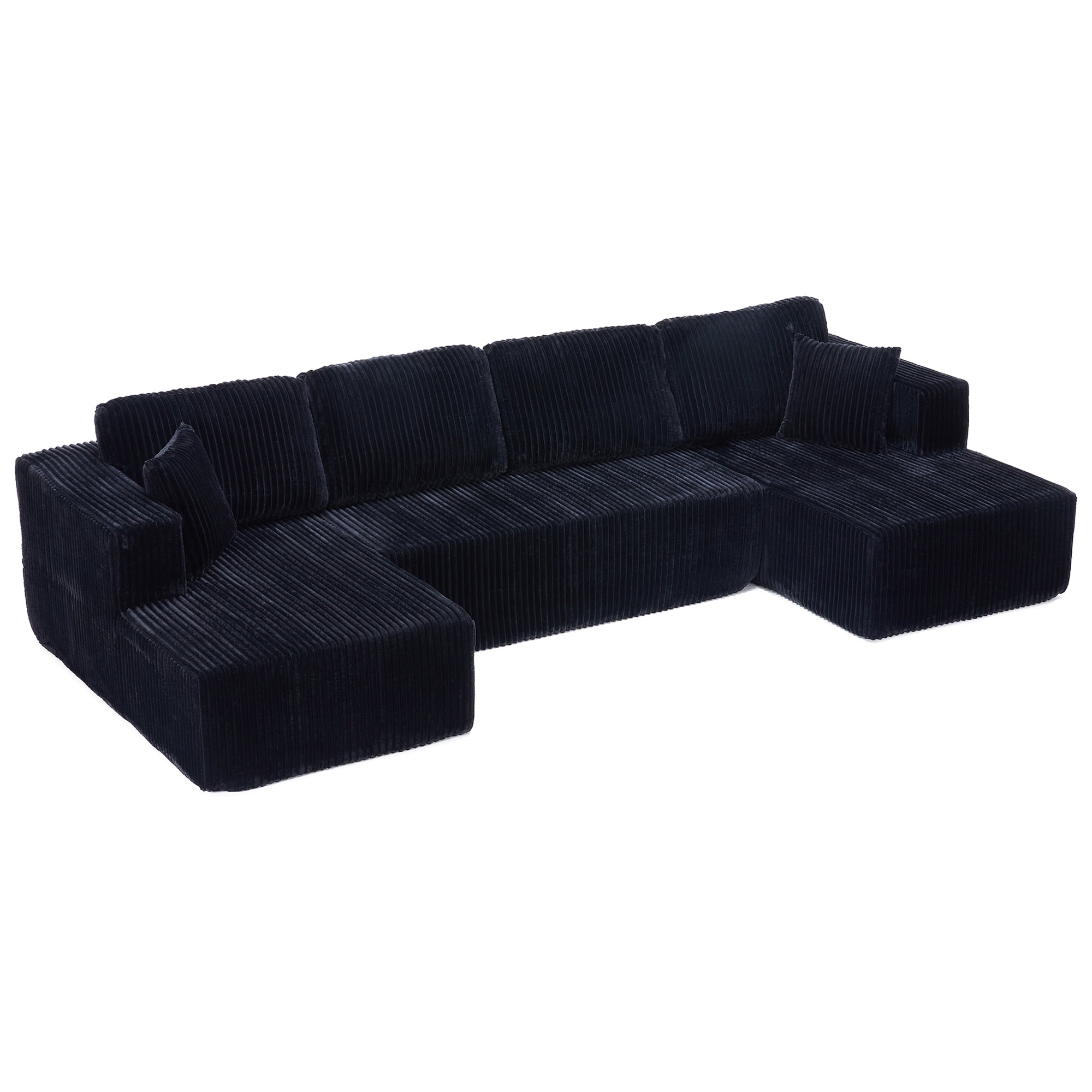 U-Shaped Modular Sectional Sofa with Chaise, Compressed Corduroy Sleeper Couch for Living Room and Bedroom, No Assembly Required, Black