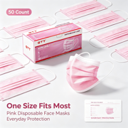 GTT Disposable Ear‑Loop Face Masks, ASTM Level 1, Pink, 50 Pieces, Latex‑Free, Breathable 3‑Ply Protective Masks for Daily Use