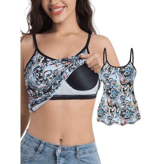 Women's Camisole with Built in Bra Tank Tops for Layering Stretch Casual Undershirts Adjustable Strap Womens Print Basic