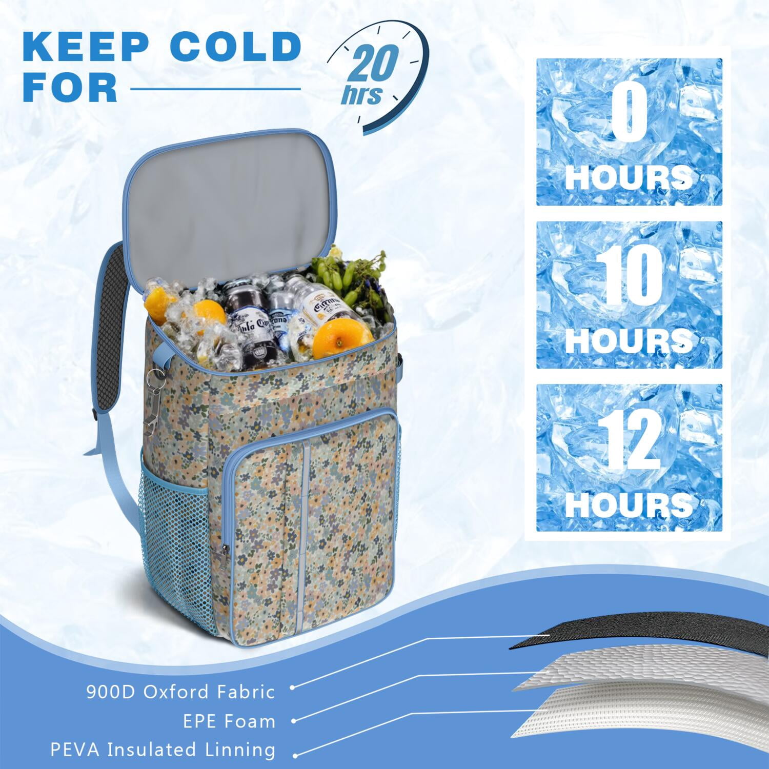 Travel Cooler Bag - Pioneer Flower Camping Beer Cooler Backpack with Bottle Opener- Waterproof Insulated Picnic Backpacks - Cooler Bag for Beach