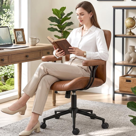 COOLHUT Home Office Chair, PU Leather Ergonomic Computer Desk Chair with Removable Armrests, Mid Century Modren Armrest Office Chair, Rocking Swivel Task Chair, Brown