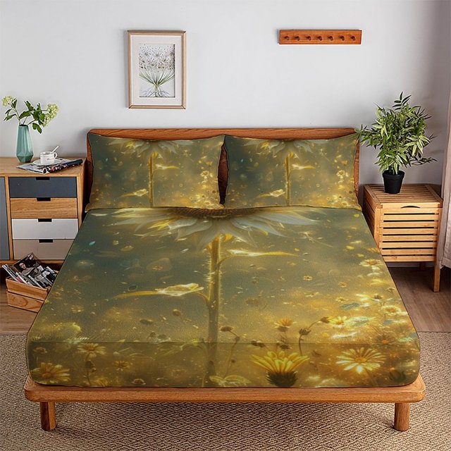 2/3pcs Sunflower Fitted Sheet Set Children Adult Soft Cozy Bedding Set with Pillowcase,TwinXL(39"x80")