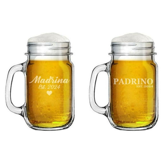 16oz Mason Jar Glass Mug w/Handle Gift Set of 2 Madrina Est 2024 And Padrino Est 2024