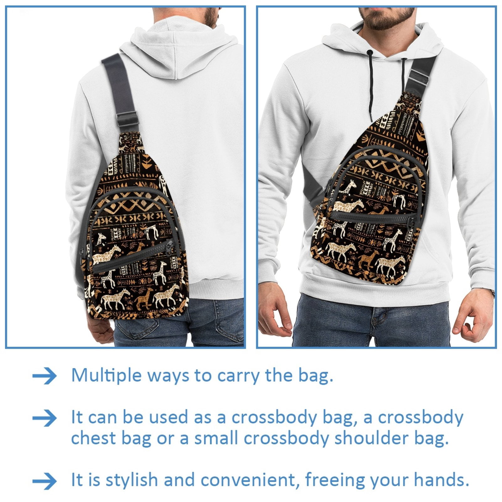 ERJLKXP Vintage African Tribal Animals Small Mens Women Crossbody Chest Bag, Travel Over Shoulder Sling Bag Backpack Men Side Bag,Daypack