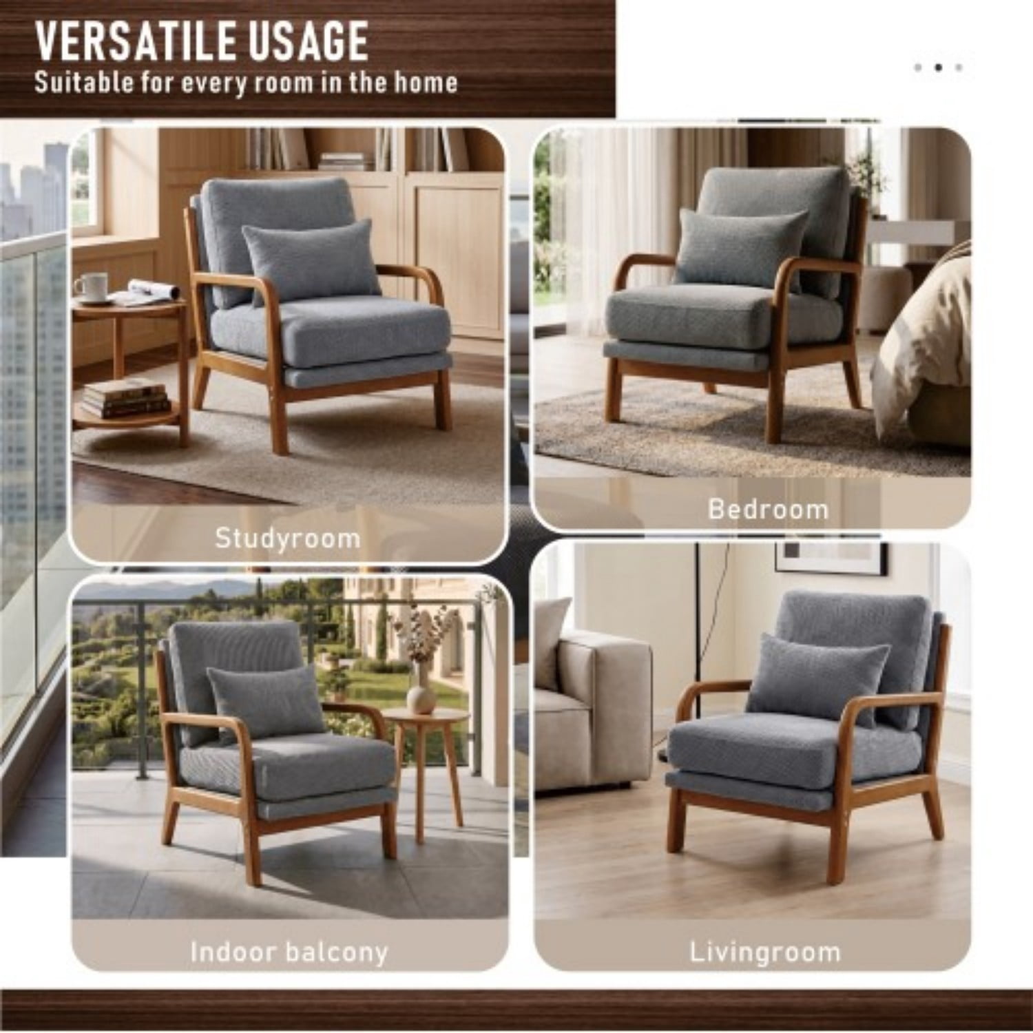 Wooden Lounge Accent Chair with Solid Wood Armrests, Upholstered Reading Chair with High-Density Foam Cushion, Modern Leisure Armchair for Living Room, Bedroom, Balcony & Office, Light Gray