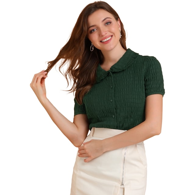 INSPIRE CHIC Camisa De Manga Corta Suave Con Botones Y Cuello Peter Pan Dulce Para Mujer Verde oscuro S