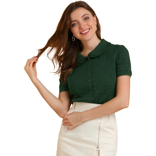 INSPIRE CHIC Camisa De Manga Corta Suave Con Botones Y Cuello Peter Pan Dulce Para Mujer Verde oscuro M