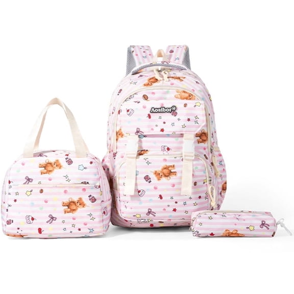 Aezusy Girls School Backpack Set, 3-Piece Large Backpack with Lunch Bag and Pencil Case, Lightweight Striped Kids Bookbag , Pink