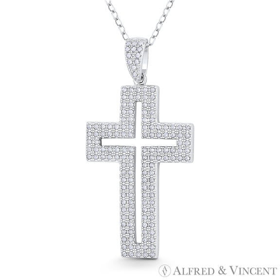 Latin Cross Cubic Zirconia CZ Crystal Pave 39x20mm (1.5x0.8in) Christian Pendant & Chain Necklace in .925 Sterling Silver w/ Rhodium