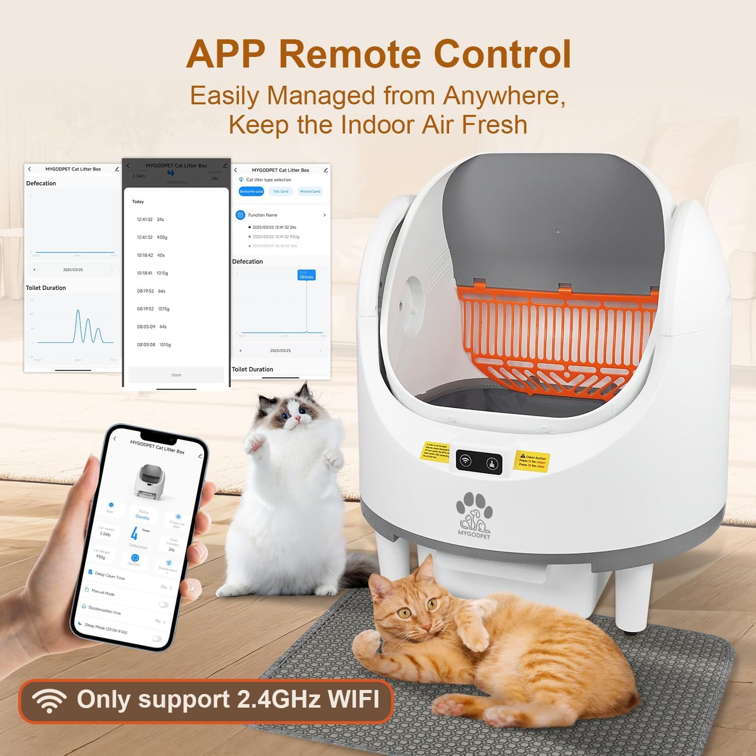 Self Cleaning Cat Litter Box, Open-Top Automatic Cat Litter Box for Multiple Cats, with Safety Protection, Smart App Control, Removable Washable Liner