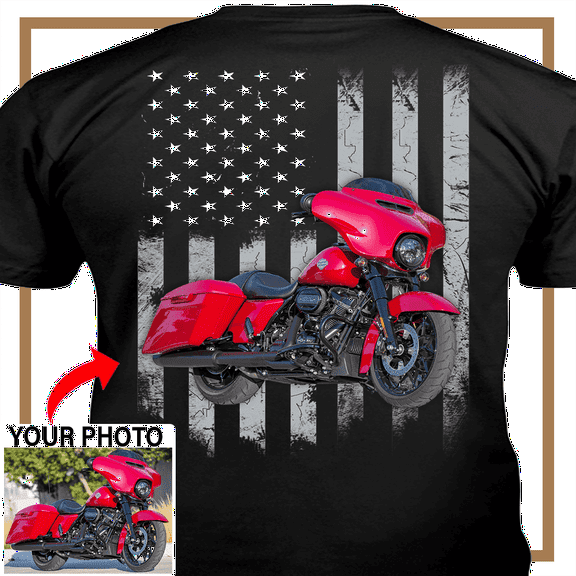 Motorcycle Personalized T-shirt, Biker custom photo t-shirt, funny t-shirt gift for bikers Print on the back, American flag motorcycle t-shirt (bk05)